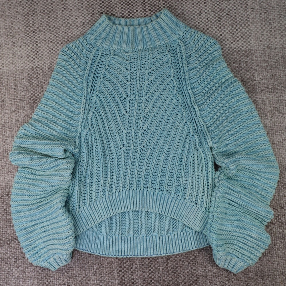 Free People Light Blue Chunky Knit Mock Neck High Low Sweater Small OB823261